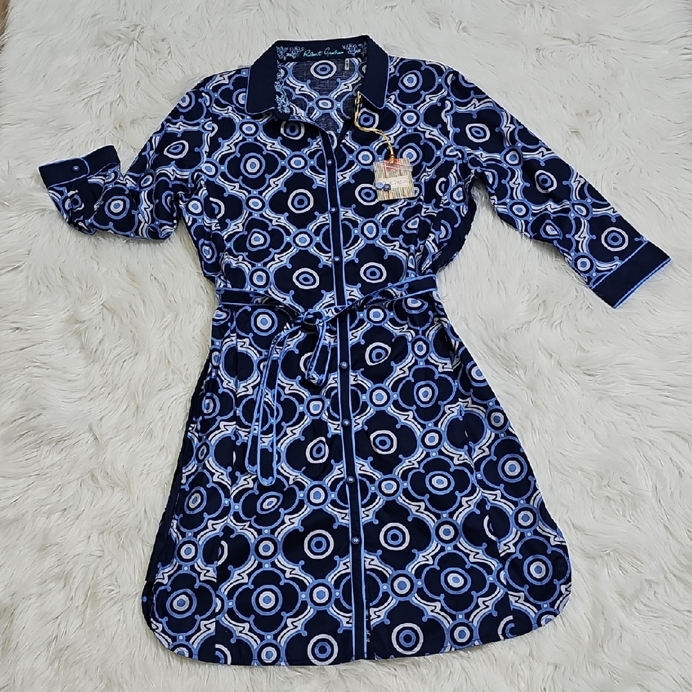 Vintage Robert Graham Navy and Light Blue Geometric Shirt Dress NWT